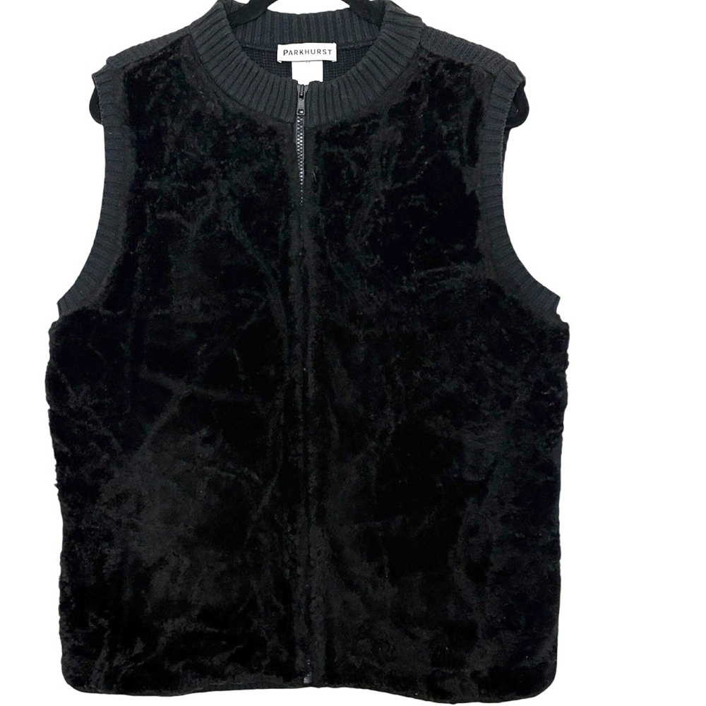 Parkhurst faux fur vest, zip front, ribbed sweater back, Black, size L/XL